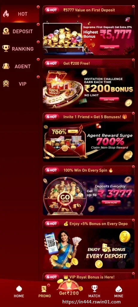 IN444 Game India featured mobile sections and offer cards